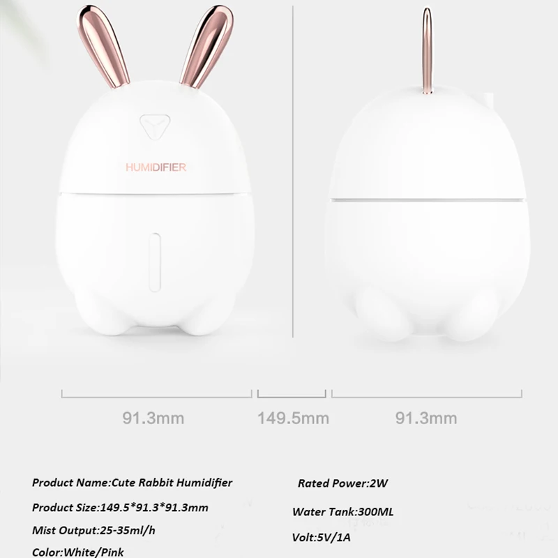 300ML Air Humidifier Cute Rabbit Ultra-Silent USB Aroma Essential Oil Diffuser Office Car Humidific