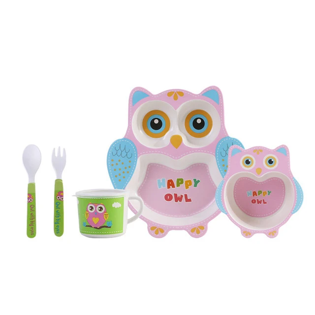 5 шт./компл. детская посуда из бамбукового волокна набор Детская тарелка детская разделительная тарелка чаша вилка ложка набор чашки мультфильм кормления - Color: owl