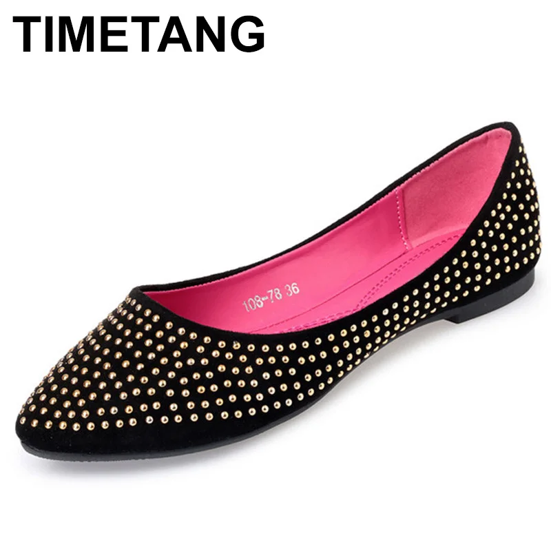 

TIMETANG New Lady soft sole Flats Shoes for drive pregnant woman fashion shoes Women Spring summer Shoes pointed toe shoes rivet