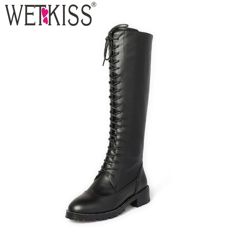

WETKISS Front Lace Up Neutral Knee-High Boots Genuine Leather Autumn Boots 2019 New Arrival Square Heel Women Shoes Plus Size