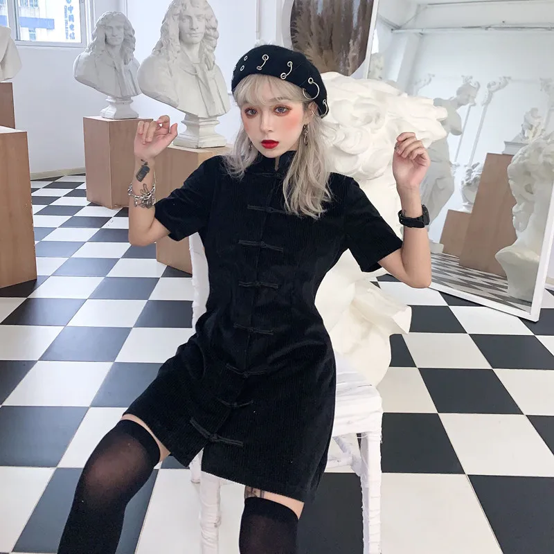 Китайский стиль темные платья для женщин Harajuku Вельветовая короткая рукав платье