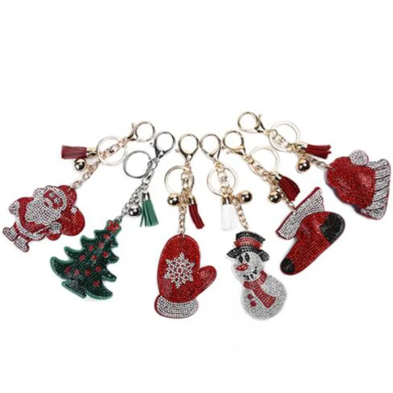 

WKOUD Christmas Jewelry Cute Velvet snowman Tree Glove Pendant Keychain Keyring Women Bags Car Full Rhinestone Key Holder Gift