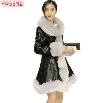 

YAGENZ Women Faux Leather Jacket Winter Women Fur collar Long section Tops V collar Stitching Single-breasted Slim Pink Coat 803