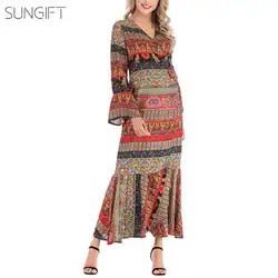 SUNGIFT платье в африканском стиле для Женщин Дашики печати рюшами расклешенными рукавами обертывание Макси платье V шеи летние Sxye платья для