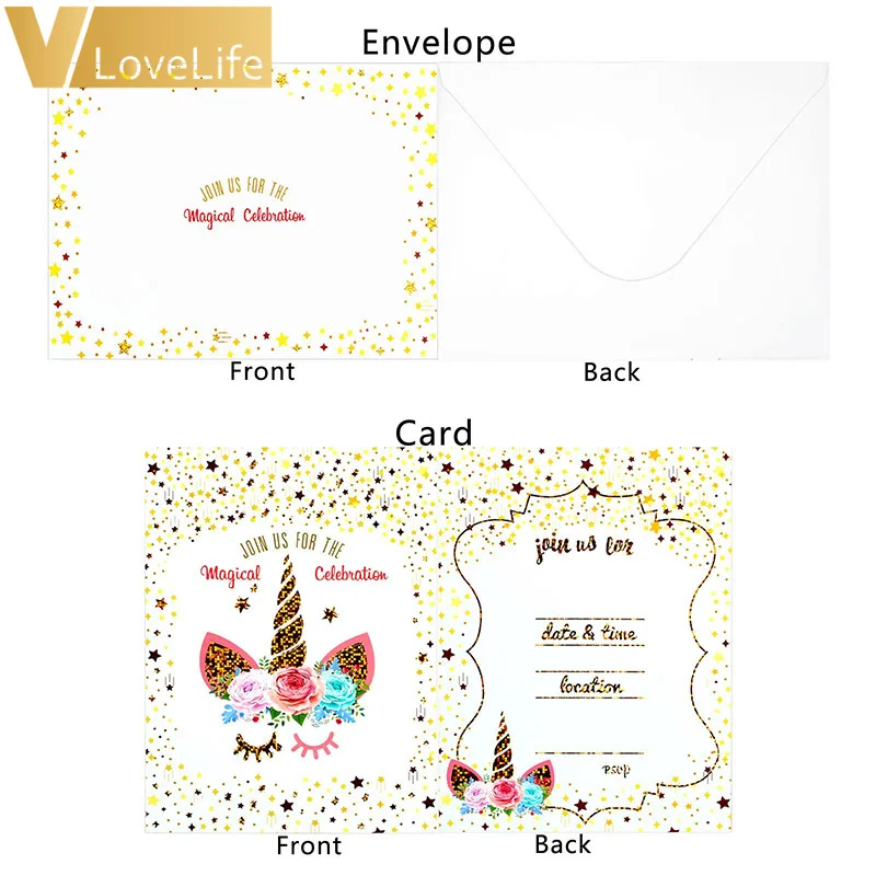  6Pcs Unicorn Invitations Card Happy Birthday Party Baby Shower Kids Decorations Kids Favors Invitat - 33061687942