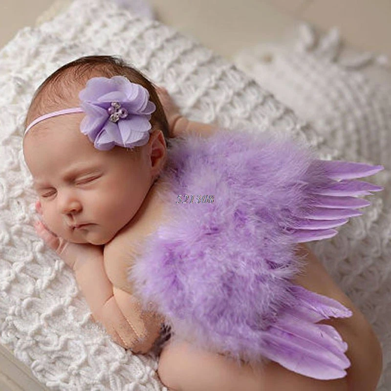 Стильный детский ободок с пером и кружевом и крыльями ангела с цветами для фотосессии MAR2_30