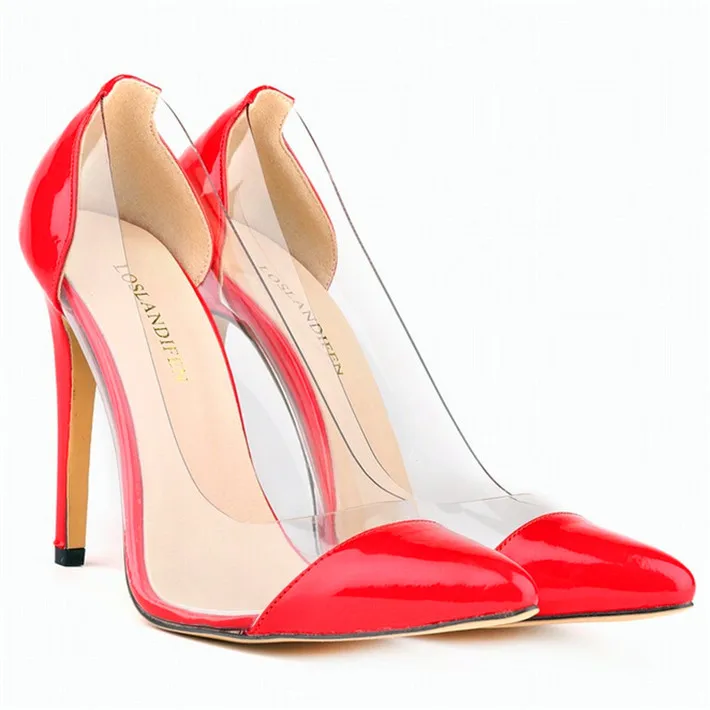 Модные женские туфли на высоком каблуке; Новое поступление; женские туфли-лодочки с острым носком; пикантные вечерние туфли из прозрачной искусственной кожи на тонком каблуке 11 см - Цвет: Красный
