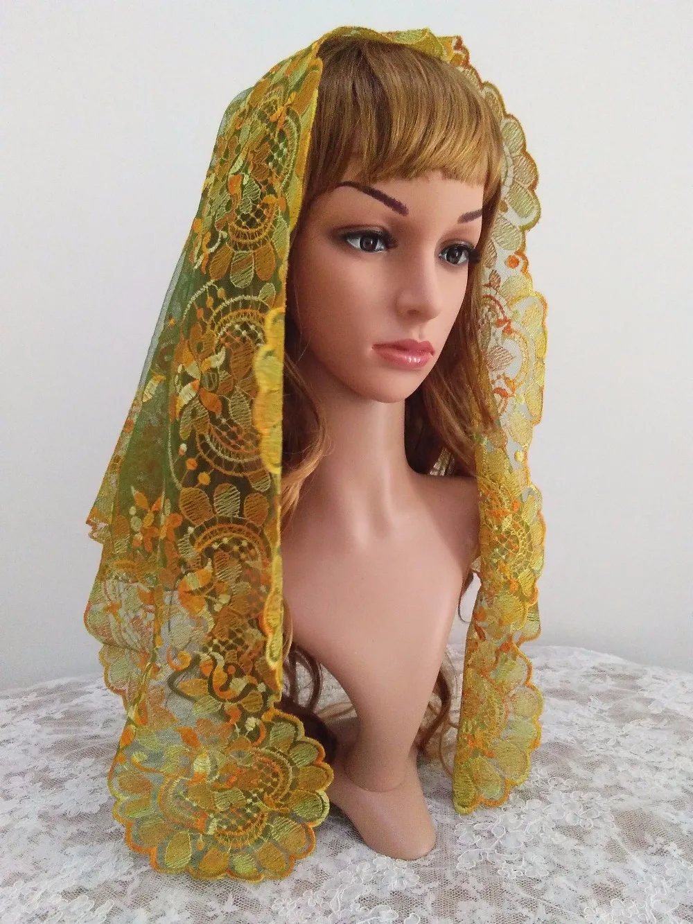 Color Embroidery Spanish Lace Mantilla Veil ,Chapel Lace Veil Mantilla ,Catholic Lace Veil 120
