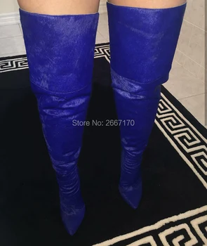 

Chaussure Femme Black Navy Faux Horsehair Sexy Stiletto High Heels Pointed Toe Over Knee Booties Women Winter Thigh High Boots