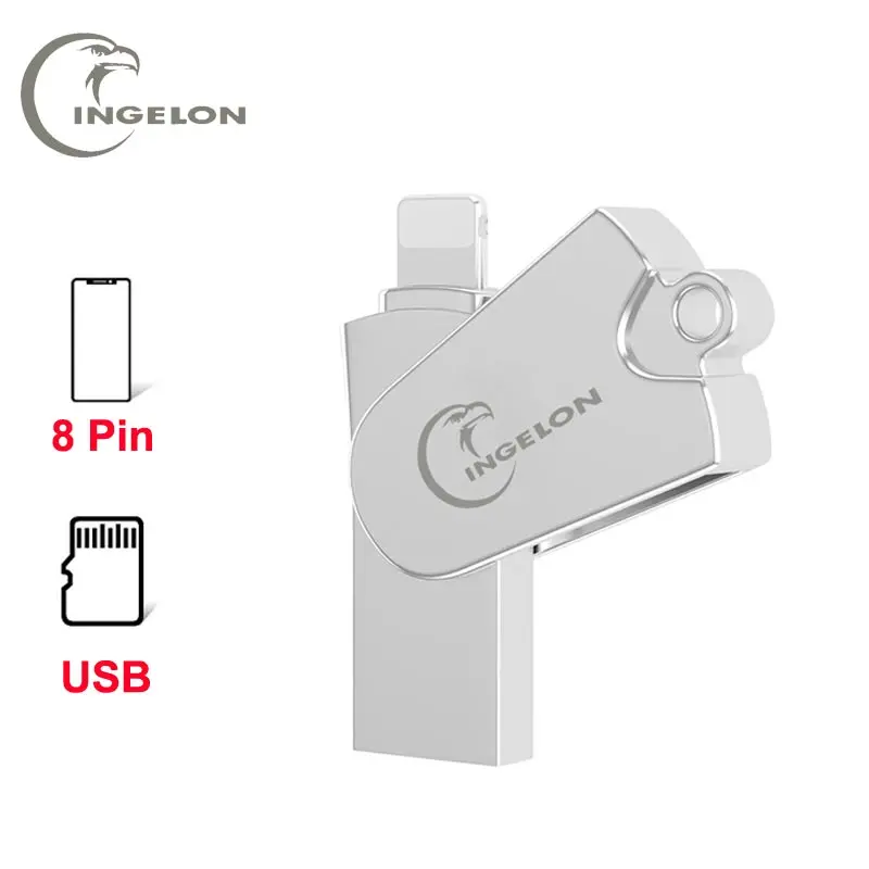 Ingelon Металлический Micro SD кард-ридер с слот для карт памяти 2in1 освещение поворотный кардридер usb для iPhone X/8/7/7 Plus/6 Plus/6s/5/SE/ipad