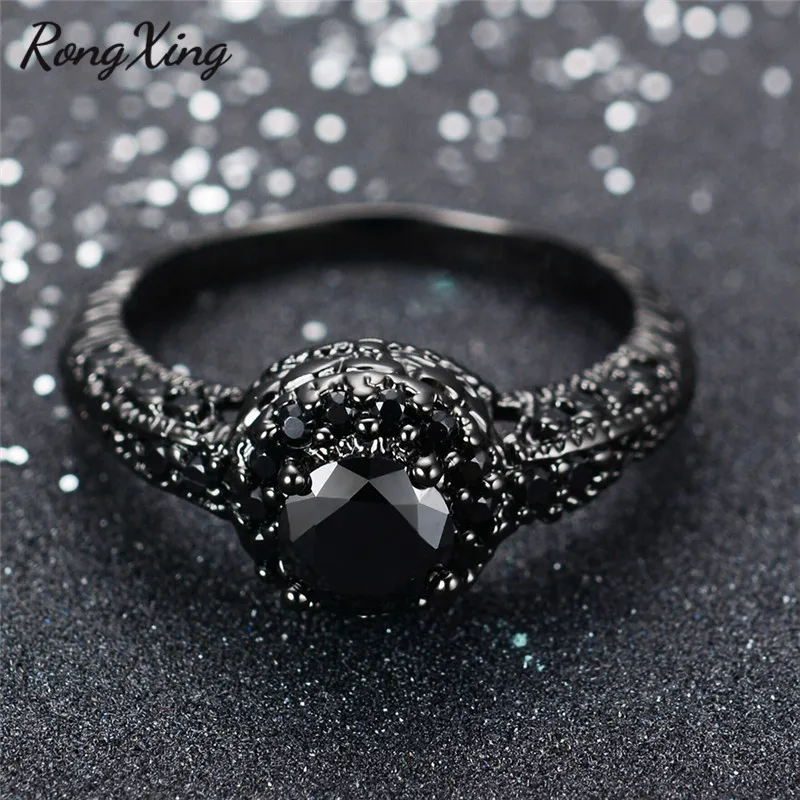 RongXing античные черные кольца с кубическим цирконием для женщин, подарок на вечеринку в честь Хэллоуина, винтажное черное Золотое кольцо Anel RB0039