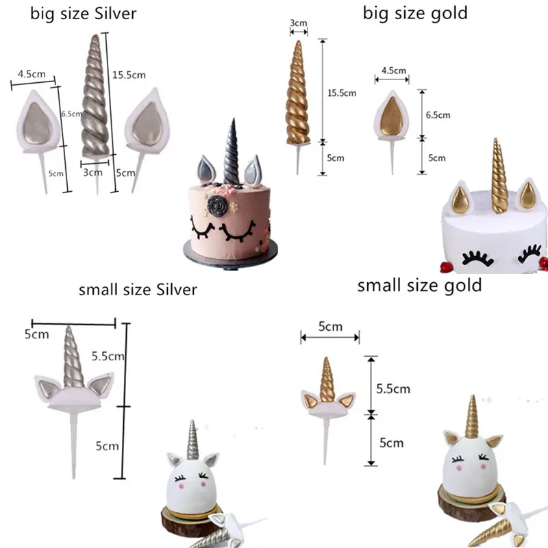 Детское украшение для именинного торта, золото/серебро, единорог, рог и ухо, вечерние украшения