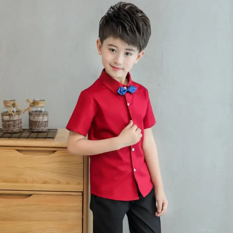 Торжественная рубашка для маленьких мальчиков-подростков детская одежда черные, красные, белые рубашки с короткими рукавами и отложным воротником для мальчиков, топы - Цвет: bow red kids tops