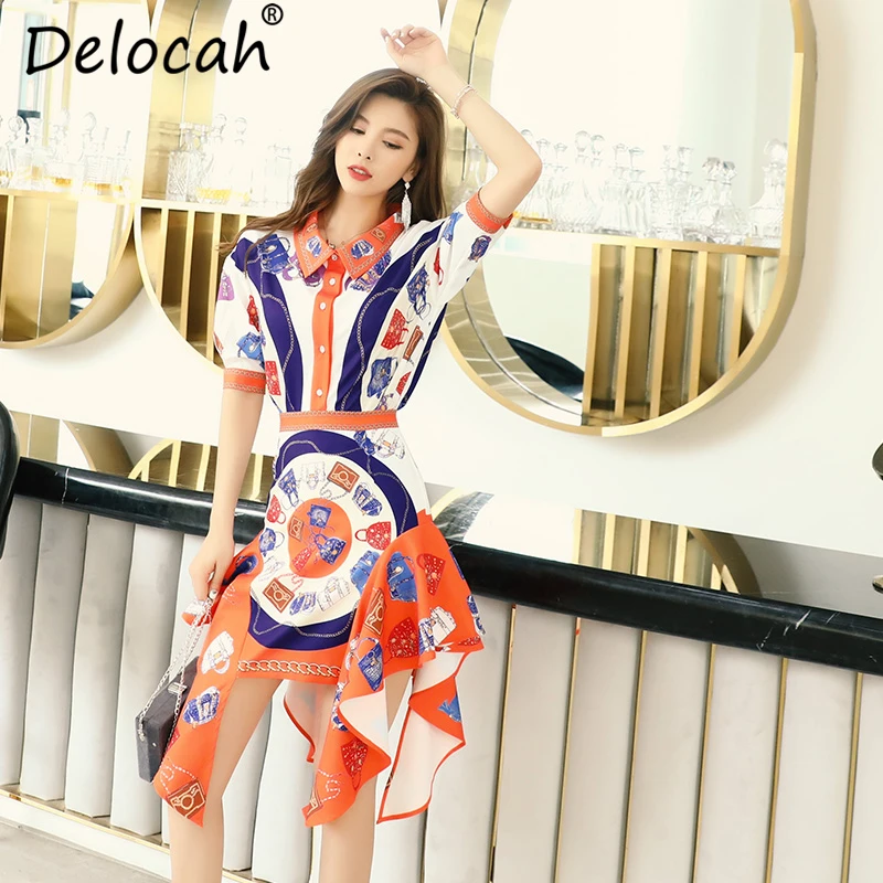 

Delocah 2019 Spring Summer Women Set Runway Fashion Designer Short Sleeve Shirt And High Waist irregular Skirt Two Pieces Set