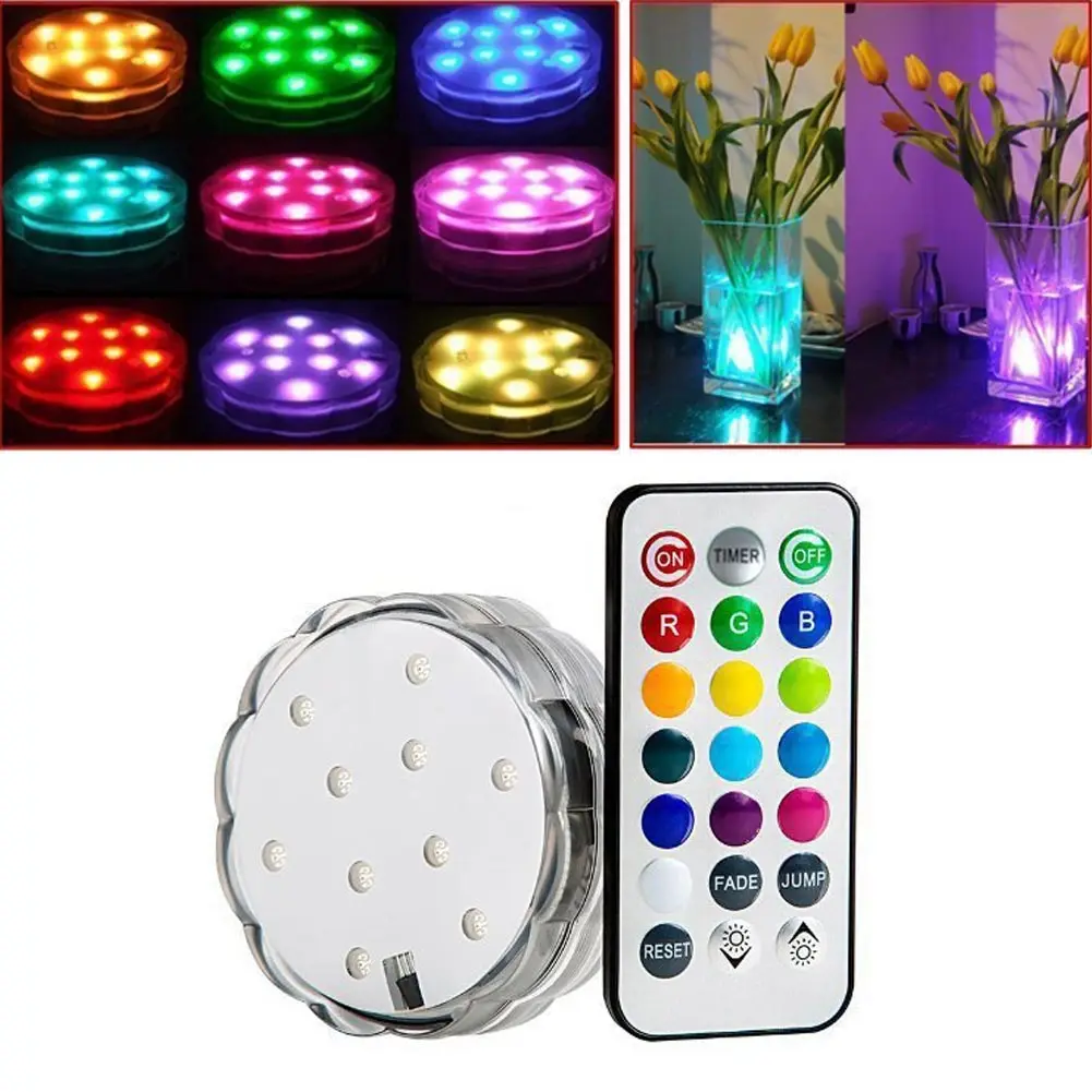

10-LED Multi Color Waterproof RGB LED Submersible LED Light With Romote Control Perfect for lighting up Vases Bottle
