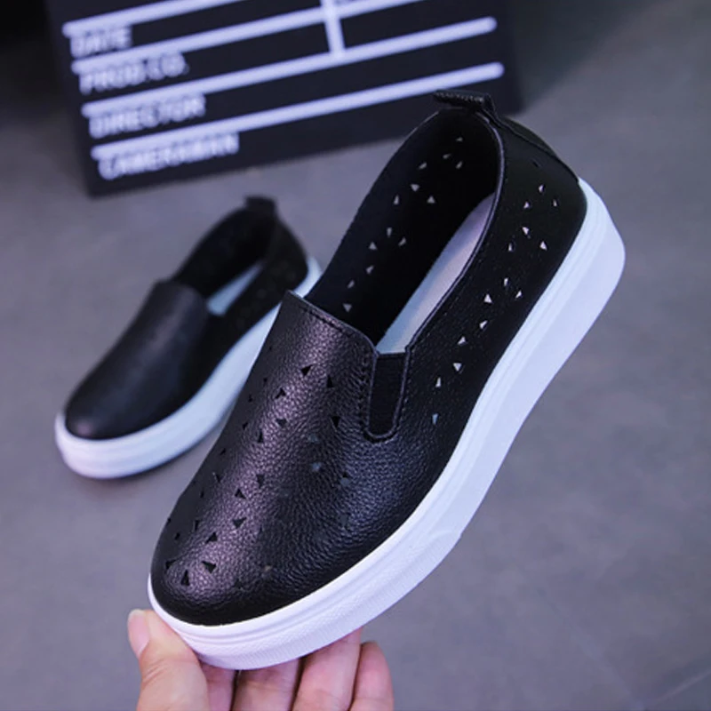 Kids Loafer Shoes 2019 Spring Summer Children Sneakers White Shoes Girl Hollow Out Kids Leather Flats Slip On Casual Shoes Boys