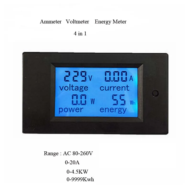 

Free Shipping New 4 in 1 meter Voltage Current Power Energy meter Gauge AC 80-260V/20A voltmeter Ammeter Watt Power Meter