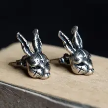 Последние Ретро настоящие 925 пробы серебряные серьги в виде животных, готические серьги-гвоздики в виде Головы Кролика, ювелирные украшения для ушей, подарок на день рождения