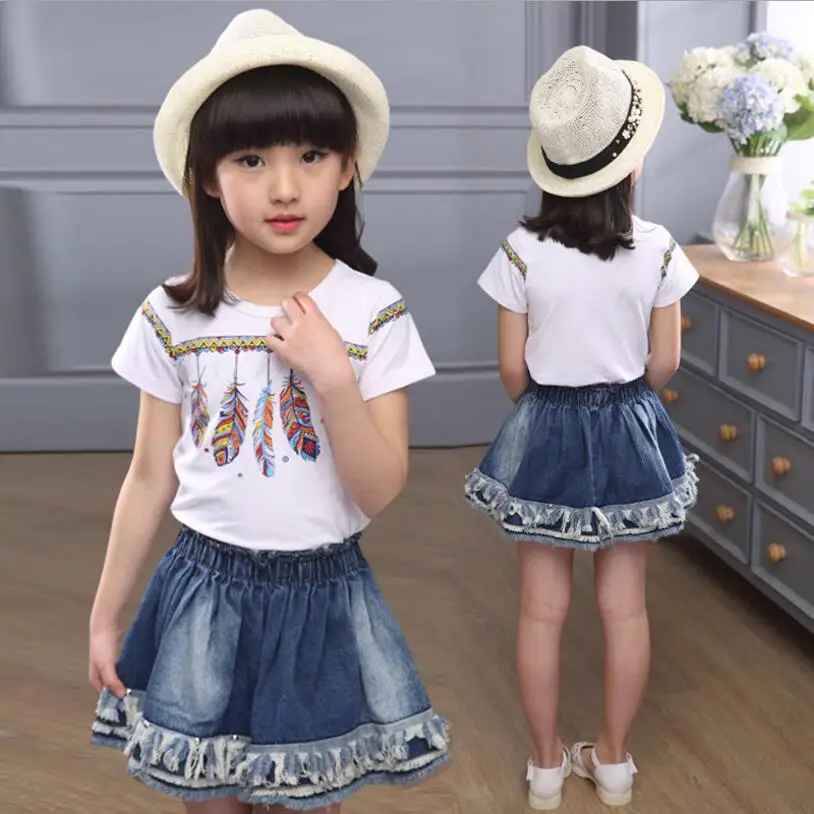

kids girls clothes new girls skirt sets 2pcs short sleeve print t shirt+elastic waist pleated denim mini skirt girl suits