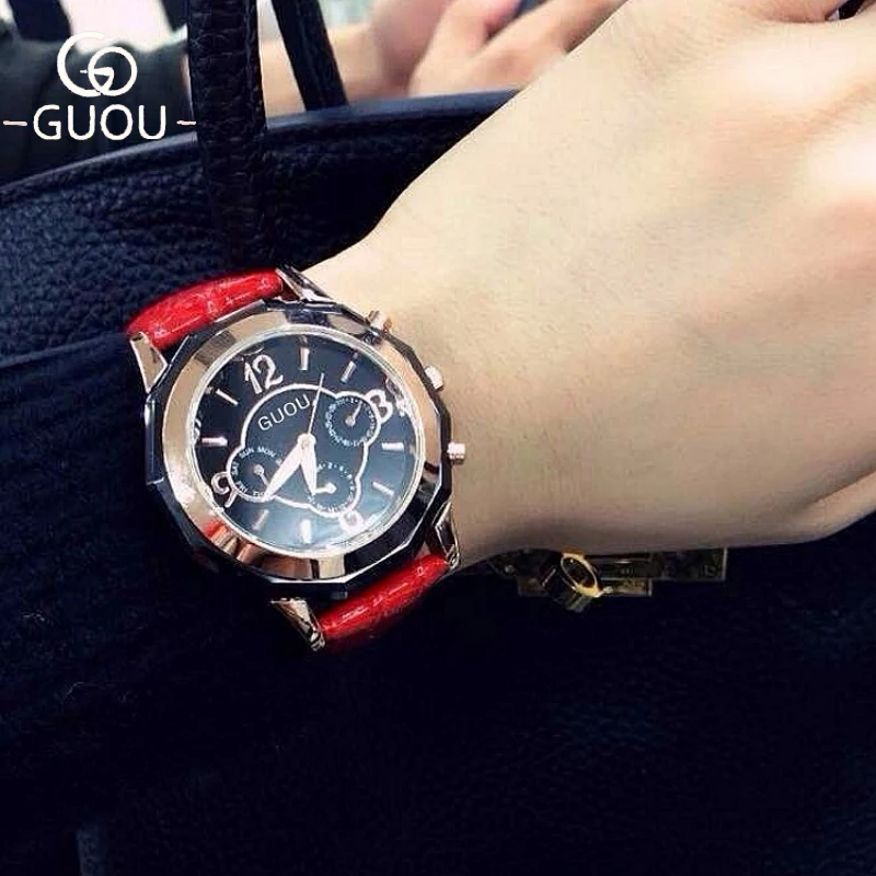 

GUOU Leather Watch Fashion Luxury Ladies Quartz Watch Exquisite Gold Women's Wristwatch Hour Clock montre femme relogio feminino