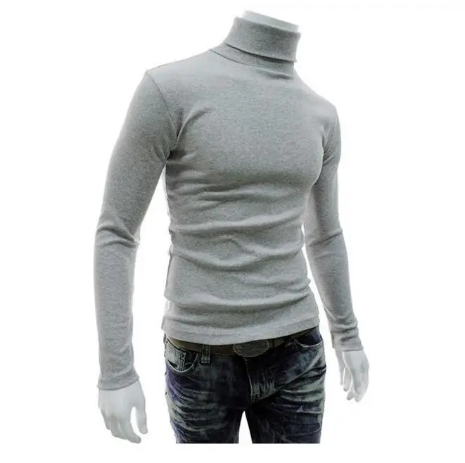 Новинка, осенне-зимний мужской свитер, Мужская водолазка, однотонные повседневные мужские свитера, облегающие брендовые вязаные пуловеры - Цвет: Light grey
