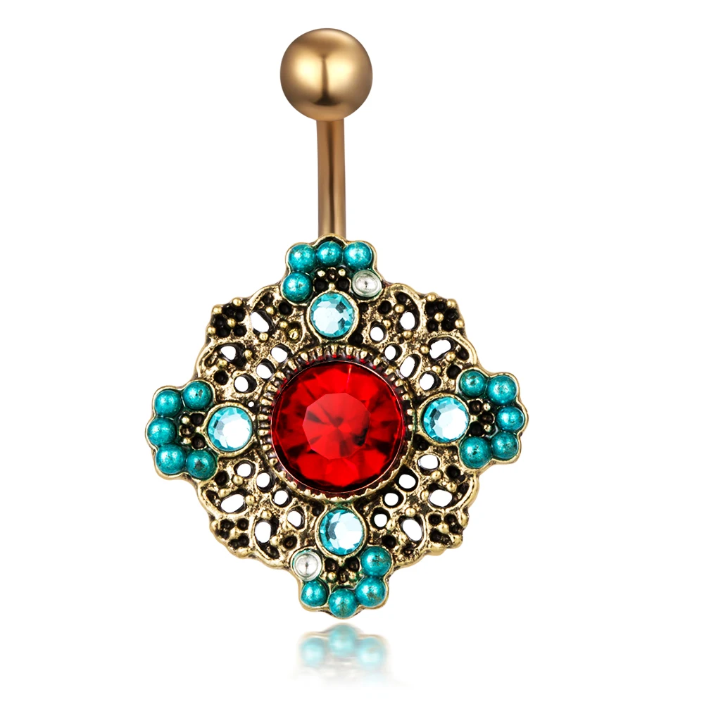 JUNLOWPY Surgical Bar Gold Bellybutton Piercing Flower Crystal Navel