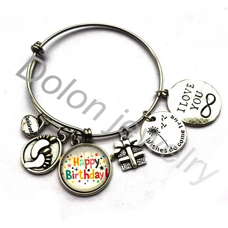 Celebrate Happy Birthday Stampled Charm Bracelet Gift for Mom Or