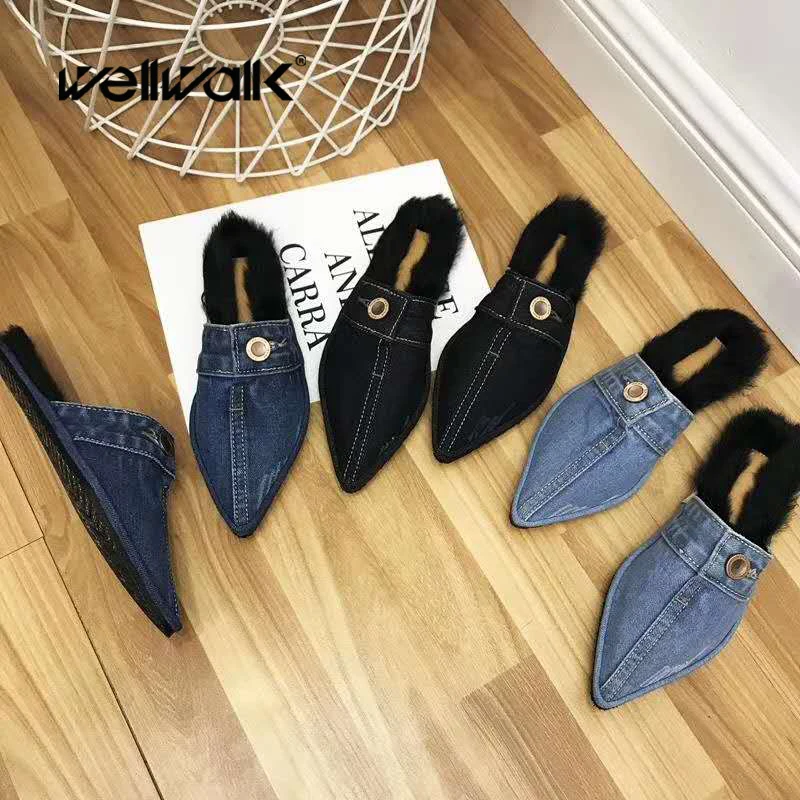

Wellwalk Winter Shoes Women Fur Slipper Denim Furry Mules Pointed Toe House Sliders Shoes Ladies Slip On House Slides Winter
