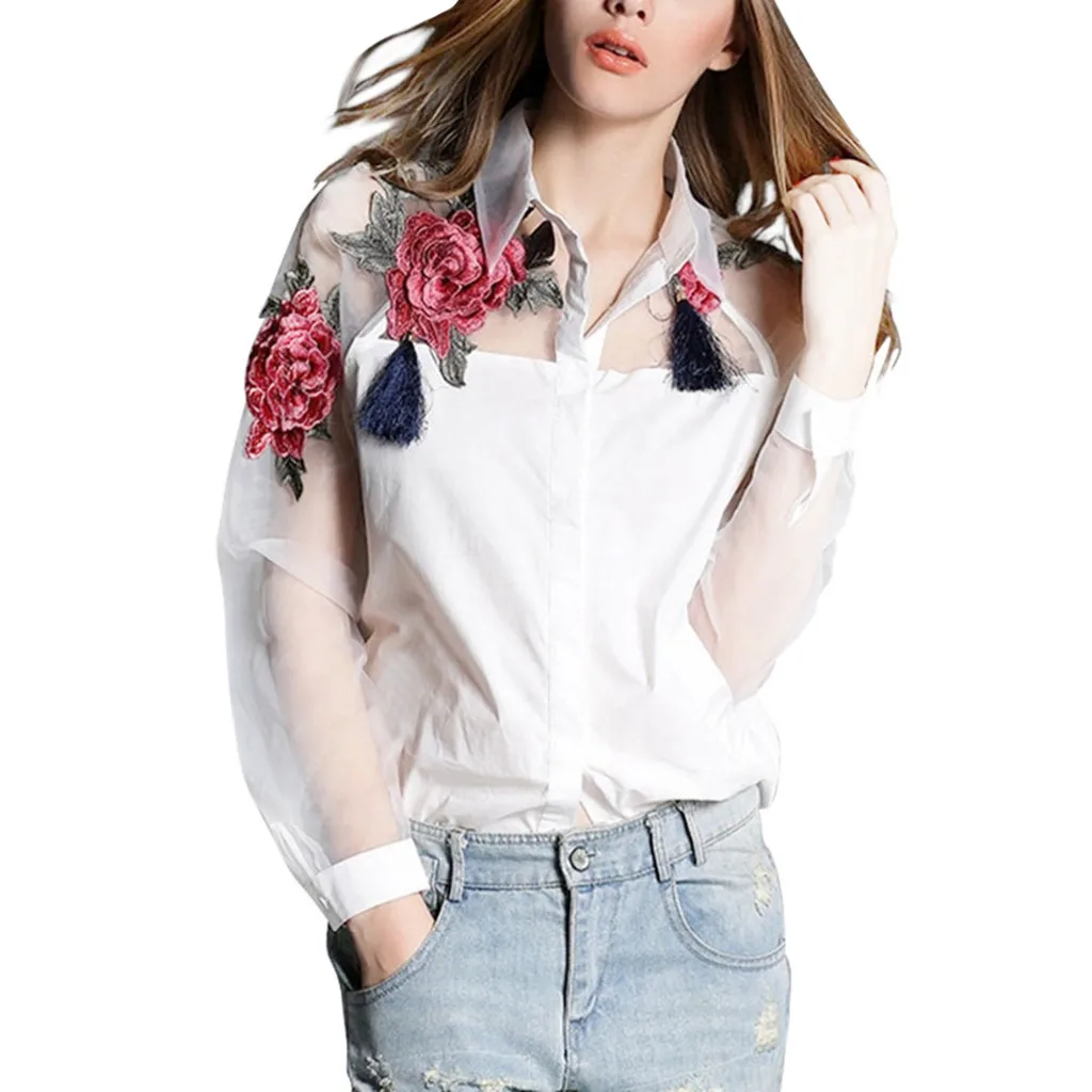 

CHAMSGEND Women Sexy Long Sleeve Mesh Blouse 2019 Summer Fashion Casual Round Neck Embroidery Mesh Blouse Shirt Fe20