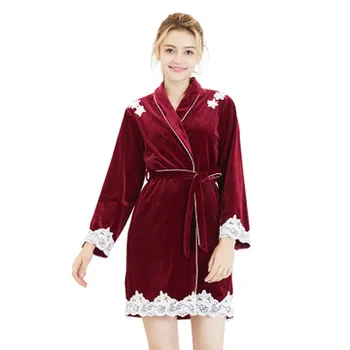 

Daeyard Autumn Winter Velvet Robe Women Luxury Embroidery Robe Sexy Lace Short Kimono Bathrobe Sleepwear Bride Bridesmaid Robe
