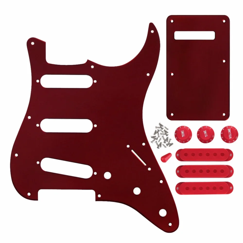 FLEOR Set of 1Ply Red Mirror Guitar Pickguard Strat 11 Holes SSS Back Plate Pickup Covers 2T1V Knob Switch Tip Parts | Спорт и