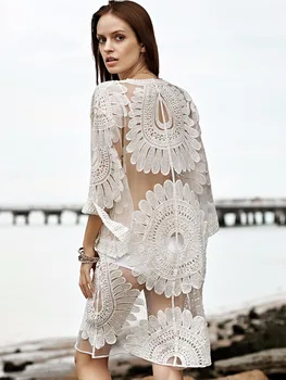 

Prowow 2019 Summer Beach Cover Up Women tunics for beach Short Sleeve V Neck white beach dress Wear Swimwear Vestidos Cover Up