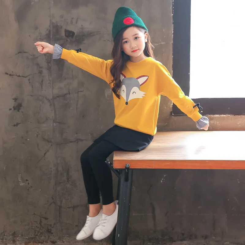 

New Playful Children's Clothing Girls Autumn Fashion Casual Big Boy Cartoon Fox Pattern Flare Sleeve Shirt Skirt Pants Two-piece