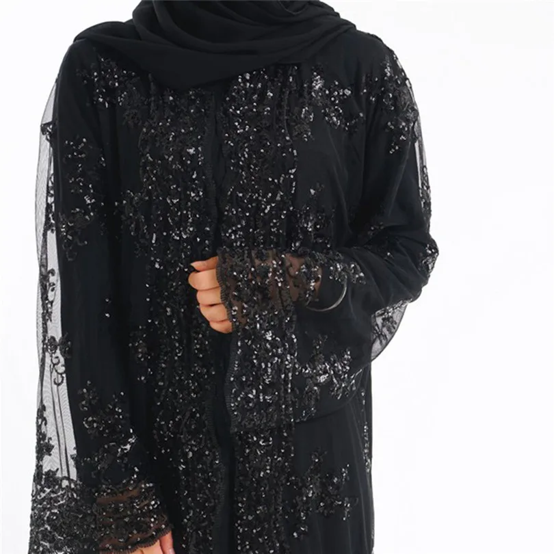 New Muslim Women Summer Lace Sequin Cardigan Long Sleeve Maxi Dress Kimono Open Abaya Robe Kaftan Dubai #4F08 (9)
