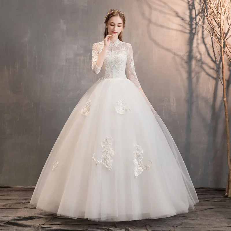 

2019 New Lace Beading Long Sleeve Wedding Dress Classic High Neck Vintage Custom Made Plus Size Bridal Gown Vestido De Noiva L