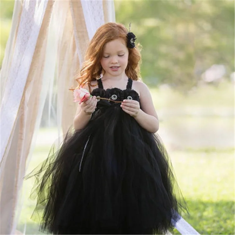 Fashion New Black Flower Girls Dress Puffy Tulle Princess Girl