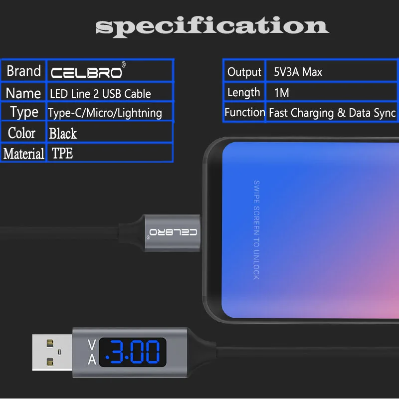 Зарядный кабель USB Type C с дисплеем напряжения и тока зарядный для телефона Samsung A8 A9