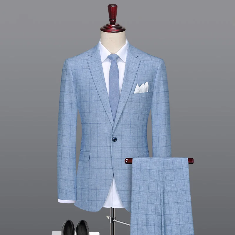 

men suit light blue plaid mens suits with pants Korea style wedding suits for men man suit slim fit spring summer groom wear 6xl