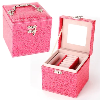 

Portable Alligator Pattern Jewelry Box 3 Layers Jewelry Organizer Case with Mirror (Rose Red)