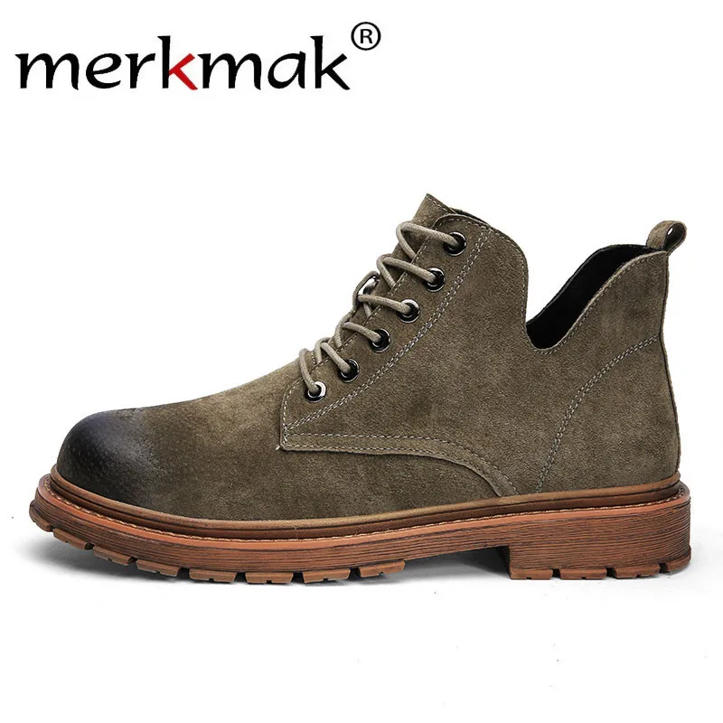

Merkmak Winter Leather Boots Men Autumn Ankle Motorcycle Boots Design Retro Green Shoes Men's Comfortable Footwear Flat Male