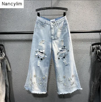 

Washing Old Denim Pants Women Wide Leg Pants Big Sequins Holes Jeans Girls Student Broken Hole Jean Pants Streetwear Nancylim