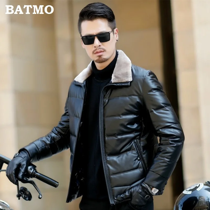 Batmo, Новое поступление, зимние куртки высокого качества из искусственной кожи, 90% белый утиный пух, шерстяные меховые воротники, мужские куртки, мужские коричневые кожаные пальто 801