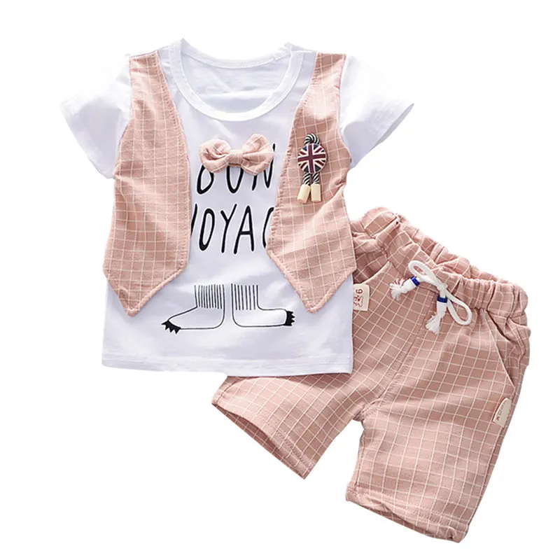 Комплект летней одежды для маленьких мальчиков, футболка с бантом в джентльменском стиле топ+ шорты, штаны, комплекты летняя одежда для малышей, комплекты одежды для детей возрастом от 24 месяцев, новинка - Цвет: Pink