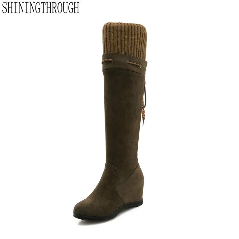 

New Ladies Shoes Square Low Heel Women Over The Knee Boots Scrub Black Pointed Toe Woman Motorcycle Boots Size 34-43