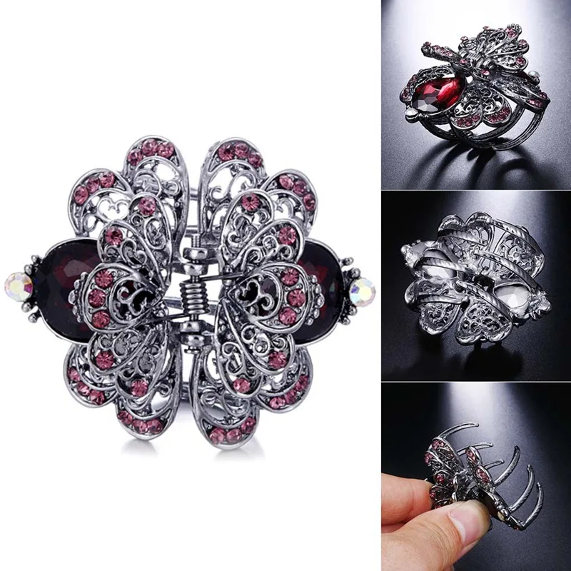 

Vintage Rhinestone Crystal Flower Hair Clip Wedding Hair Accessories Jewelry Charm Ancient Silver Metal Crab Claw Clip For Women