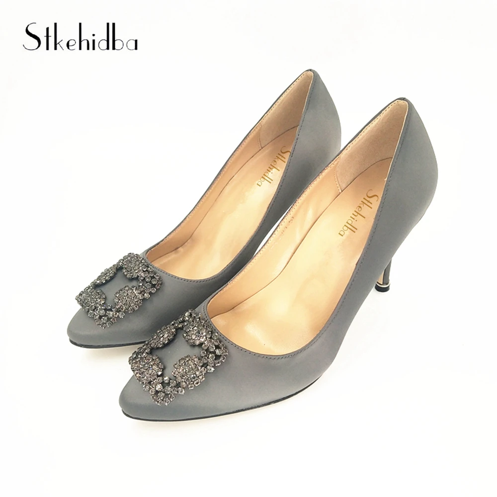 

Stkehidba Crystal Shining Women's Pumps Silk Leather Pointed Toe High Heels Women's Shoes Slip-On Wedding Party Thin Heels
