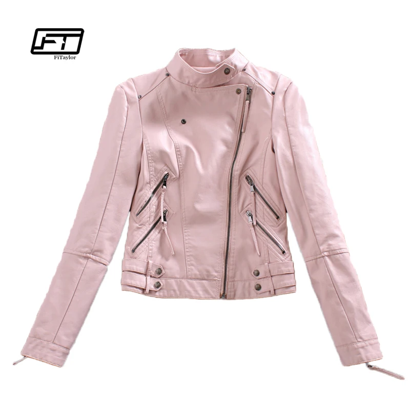 

Autumn Womtne Faux Leather Jacket Short Design Soft Pu Slim Pink Jacket Punk Fashion Womens Biker Jacket Motorcycle Clothing