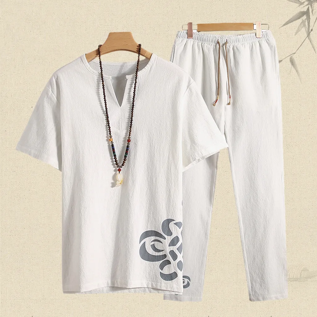 

FREE OSTRICH tracksuit men summer 2019 Casual linen Printing Cotton Short Sleeve Long Pants Suit 4XL summer clothes for men sets