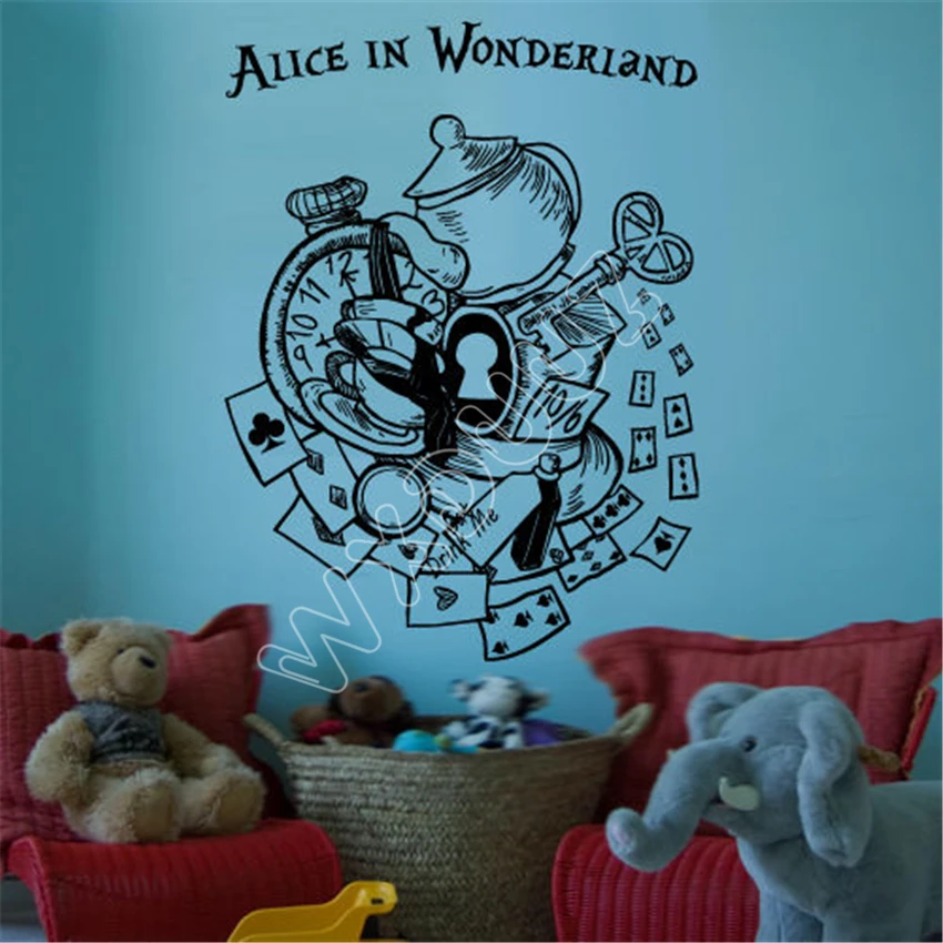 

WXDUUZ Wall Decal Vinyl Alice in Wonderland Rabbit Cat Were All Mad Here Quote living room Nursery Kids Room Wall Sticker B399