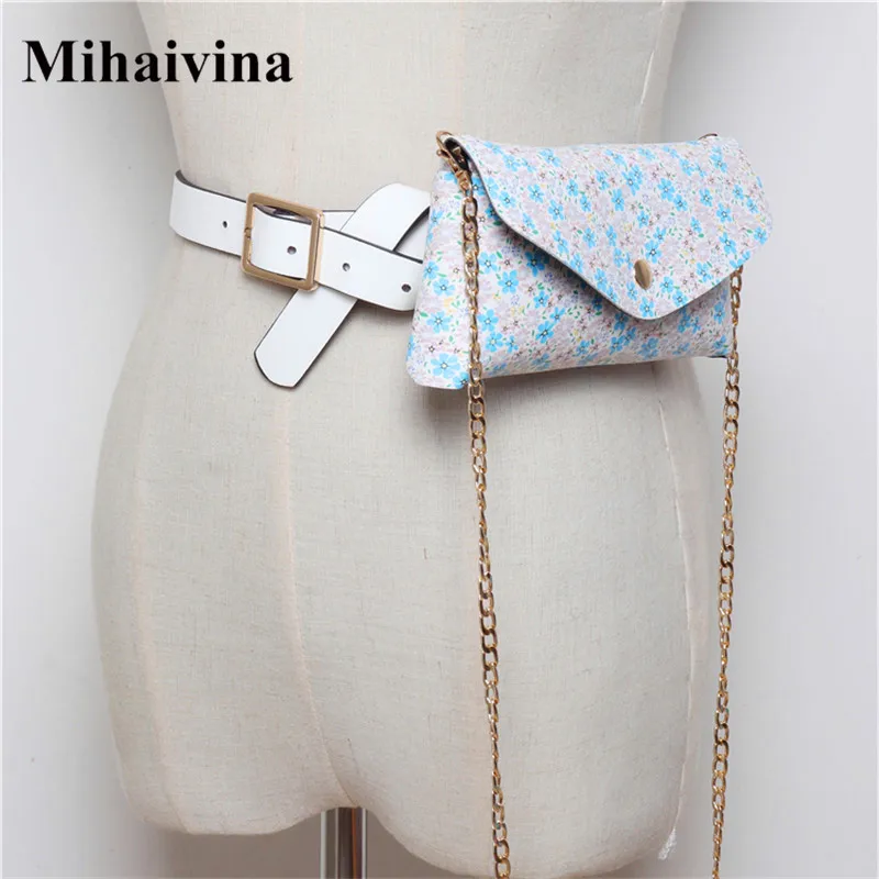 

Mihaivina Casual Chain Leather Fanny Pack Waist Bag For Women Flower Walking Shopping Shoulder Bags Lady Belt Multi-function Bag